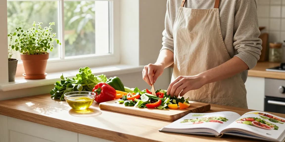 Preparing a vibrant salad with fresh ingredients in a cozy kitchen scene, emphasizing เว็บสล็อต แท้ 100 เปอร์เซ็นต์ for healthy eating.