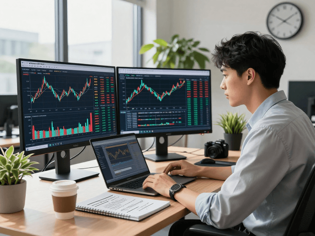 Nikkei 225 index API analysis in a modern workspace with live stock data on dual monitors, reflecting a focused financial professional.