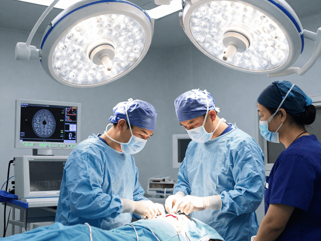 Expert neurosurgeon performing beyin tümörü ameliyatı in a sterile surgical environment with advanced technology.