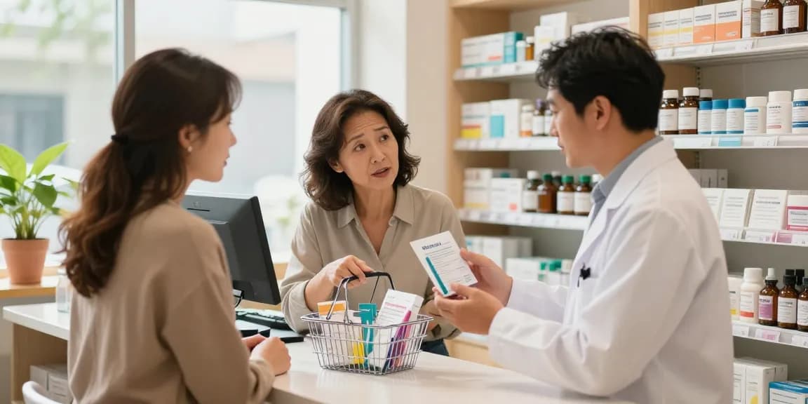 Pharmacy scene offering confort urinaire en pharmacie with pharmacist assisting customer in bright, welcoming environment.