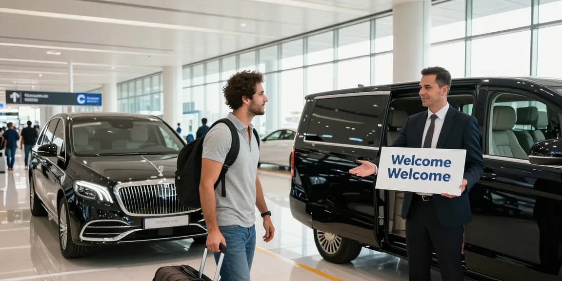 Airport Transfers Service Dubai with professional chauffeur welcoming traveler at Dubai International Airport.