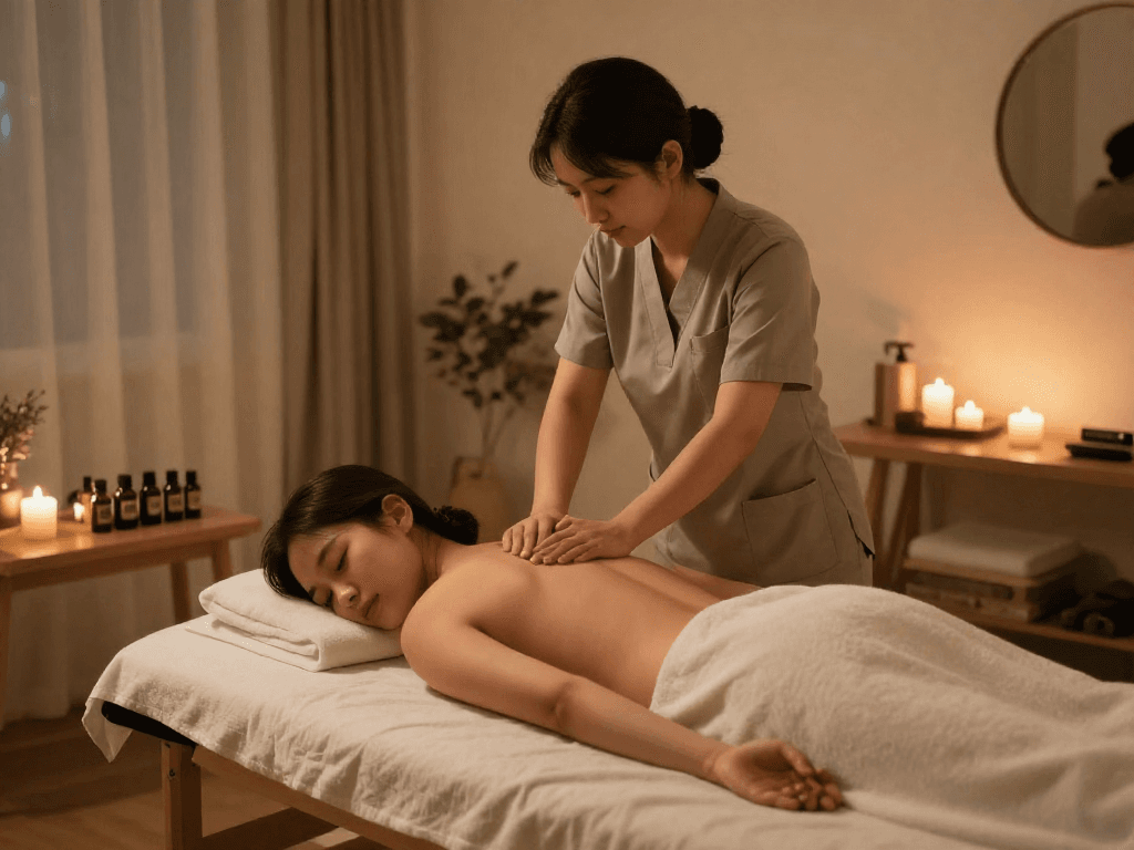 Indukwon 출장마사지 session with a professional therapist in a tranquil home setting.
