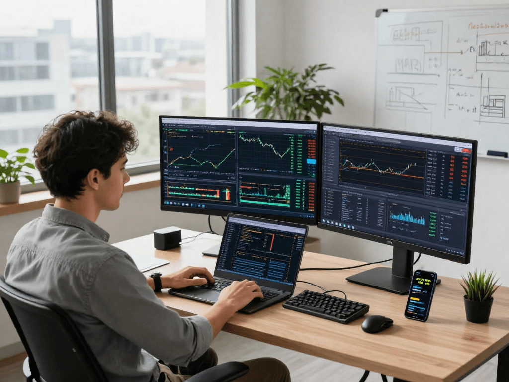 使用metatrader 5进行交易的现代办公环境,显示交易图表和统计数据