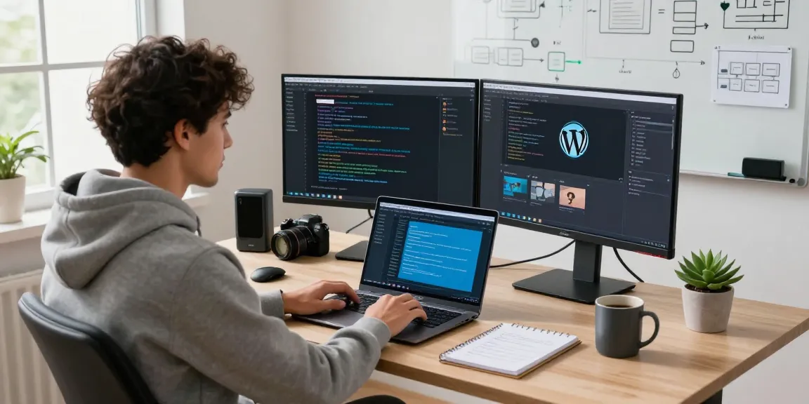 Web developer working on WordPress hosting solutions in a modern tech workspace
