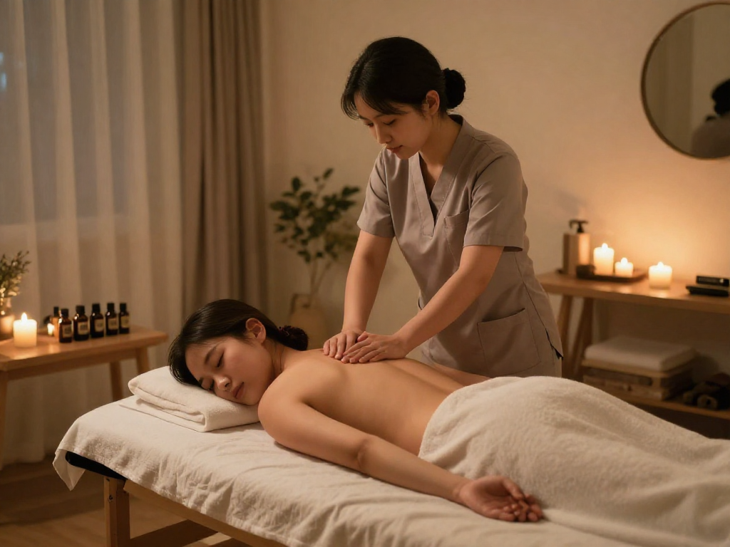 Indukwon 출장마사지 session with a professional therapist in a tranquil home setting.