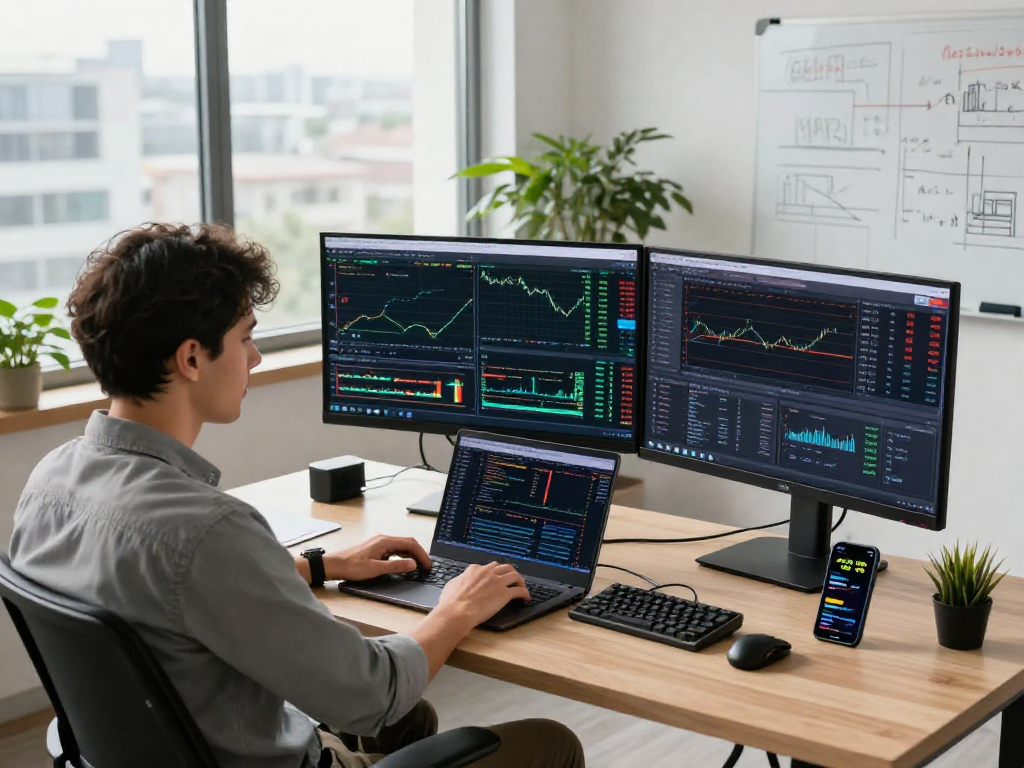 使用metatrader 5进行交易的现代办公环境,显示交易图表和统计数据