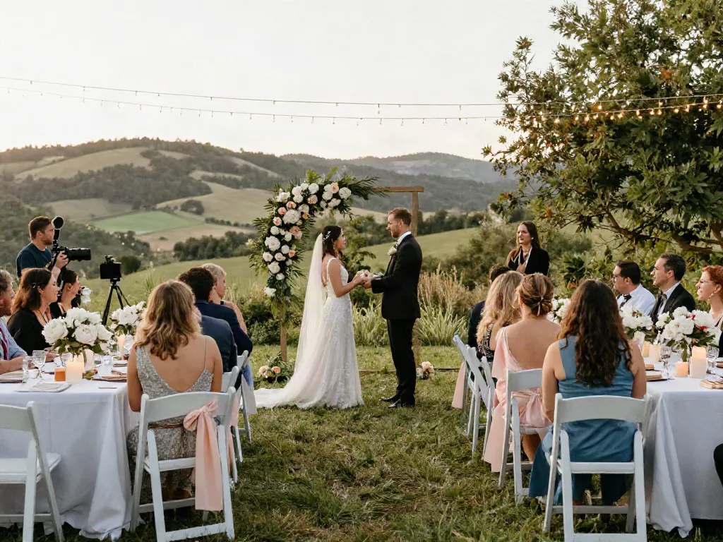Outdoor wedding ceremony showcasing elegant event rentals and decorations in a romantic setting.