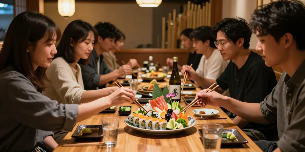 Rokok88 daftar sushi dining experience with friends sharing colorful sushi platter and drinks in a lively restaurant setting.